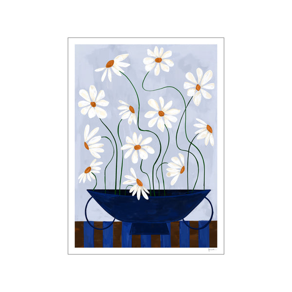 A charming still life painting of white daisies with orange centers, arranged in a dark blue vase. The background is a soft, textured blue, and the vase rests on a striped surface.