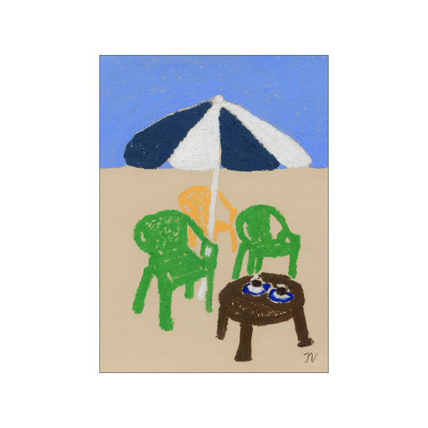 Whimsical seaside painting by Isabelle Vandeplassche showing green chairs, a beach umbrella, and a small coffee table under a bright blue sky.