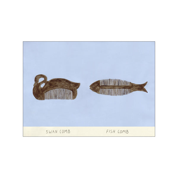 Minimalist art print by Isabelle Vandeplassche featuring a swan-shaped comb and a fish-shaped comb on a soft blue background.