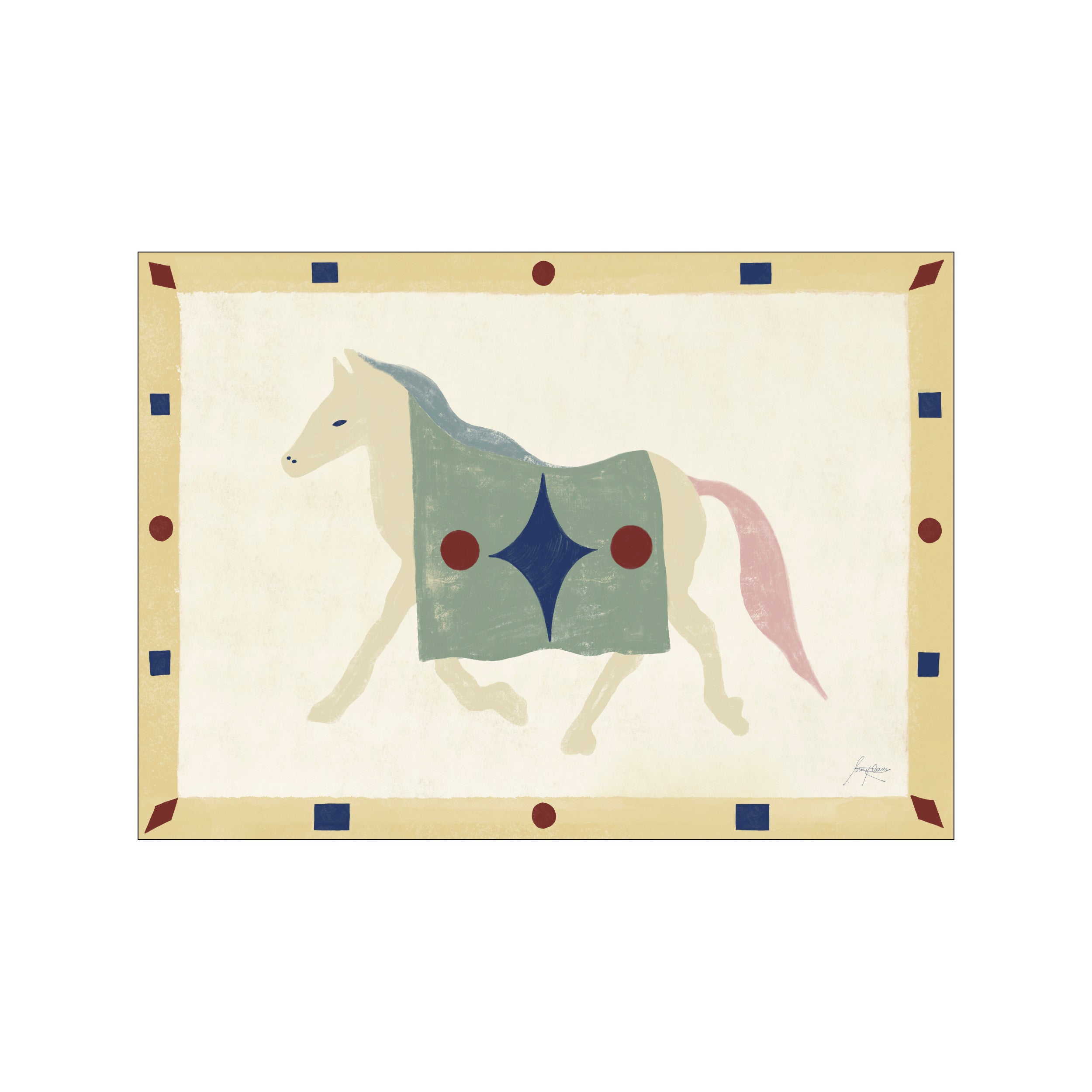 A stylized cream-colored horse with a pale blue saddle cloth adorned with a dark blue diamond motif and red circles. The artwork features a neutral beige background with a decorative border of geometric shapes and.