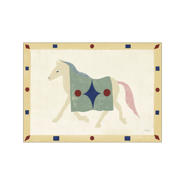 A stylized cream-colored horse with a pale blue saddle cloth adorned with a dark blue diamond motif and red circles. The artwork features a neutral beige background with a decorative border of geometric shapes and.