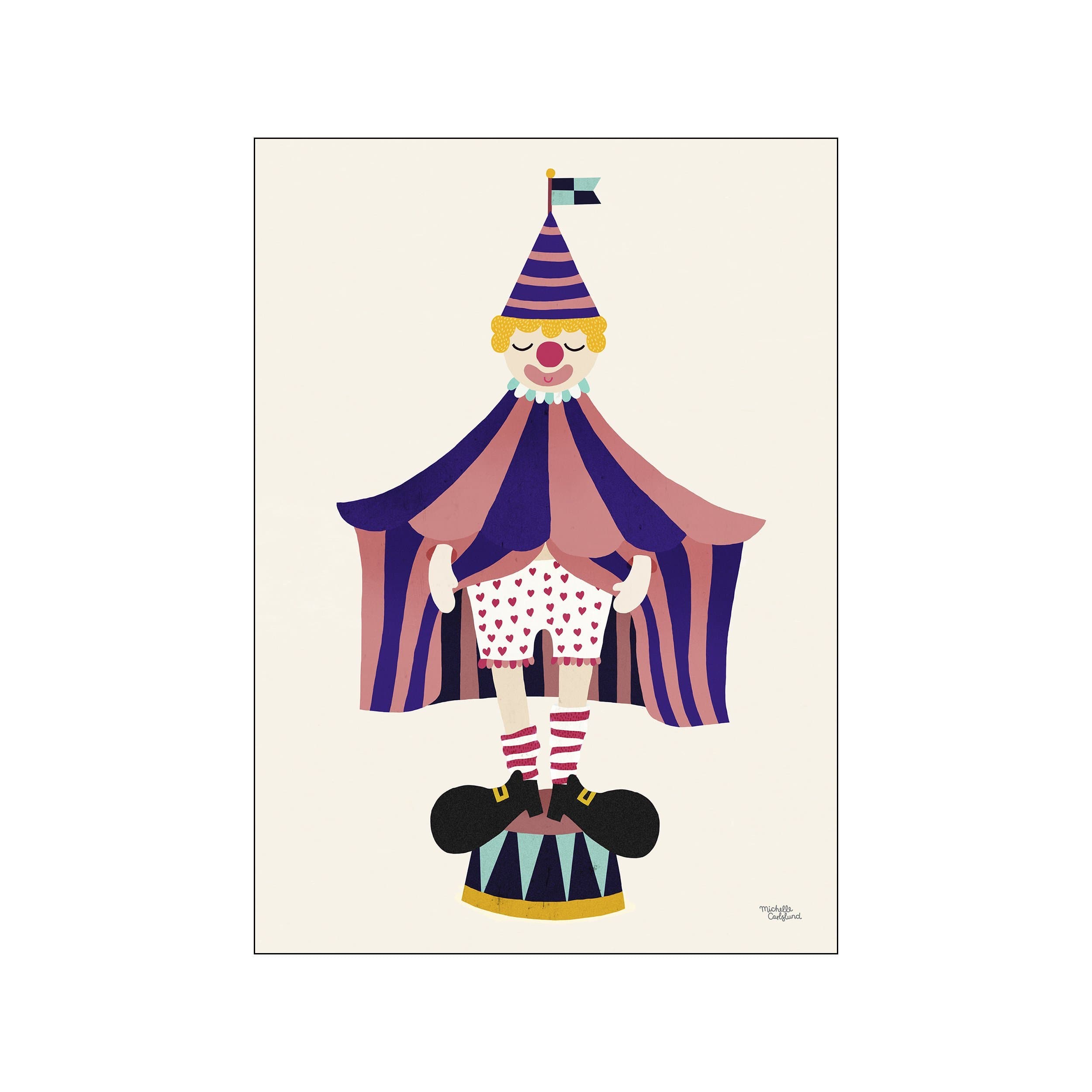 A whimsical illustration of a smiling clown with bright, closed eyes and a striped cone hat, standing on a circular stage. The clown wears heart-patterned shorts, striped socks, and large black shoes, set against a.