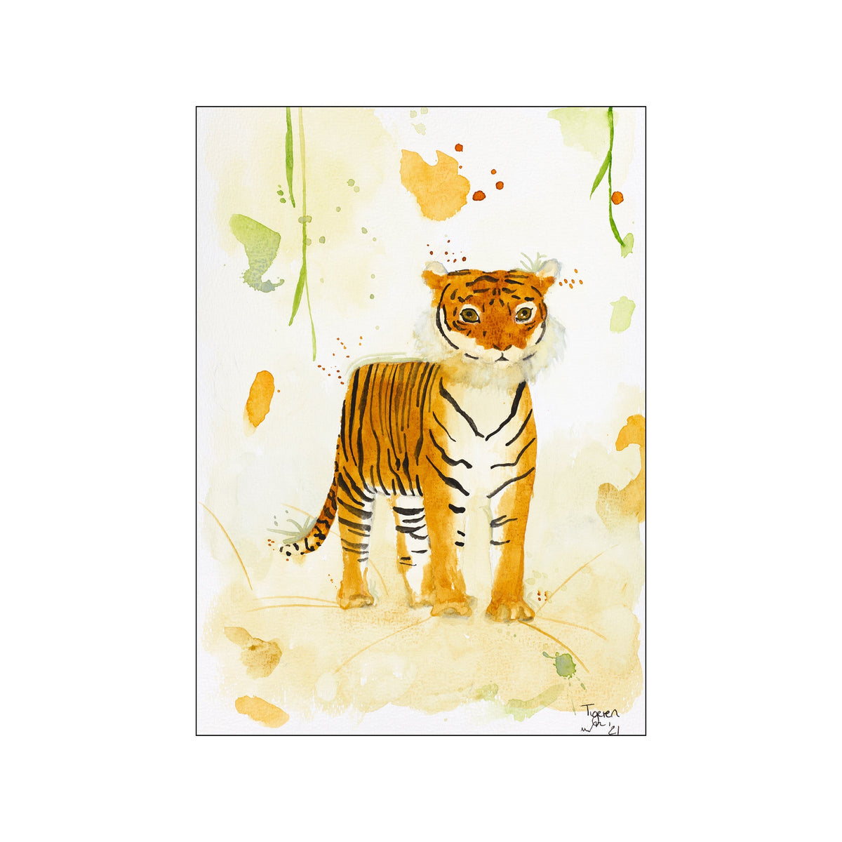 A watercolor illustration of a young tiger standing in a field of soft, abstract washes of yellow, orange, and green. The tiger has large, curious eyes and bold black stripes against its warm orange fur.