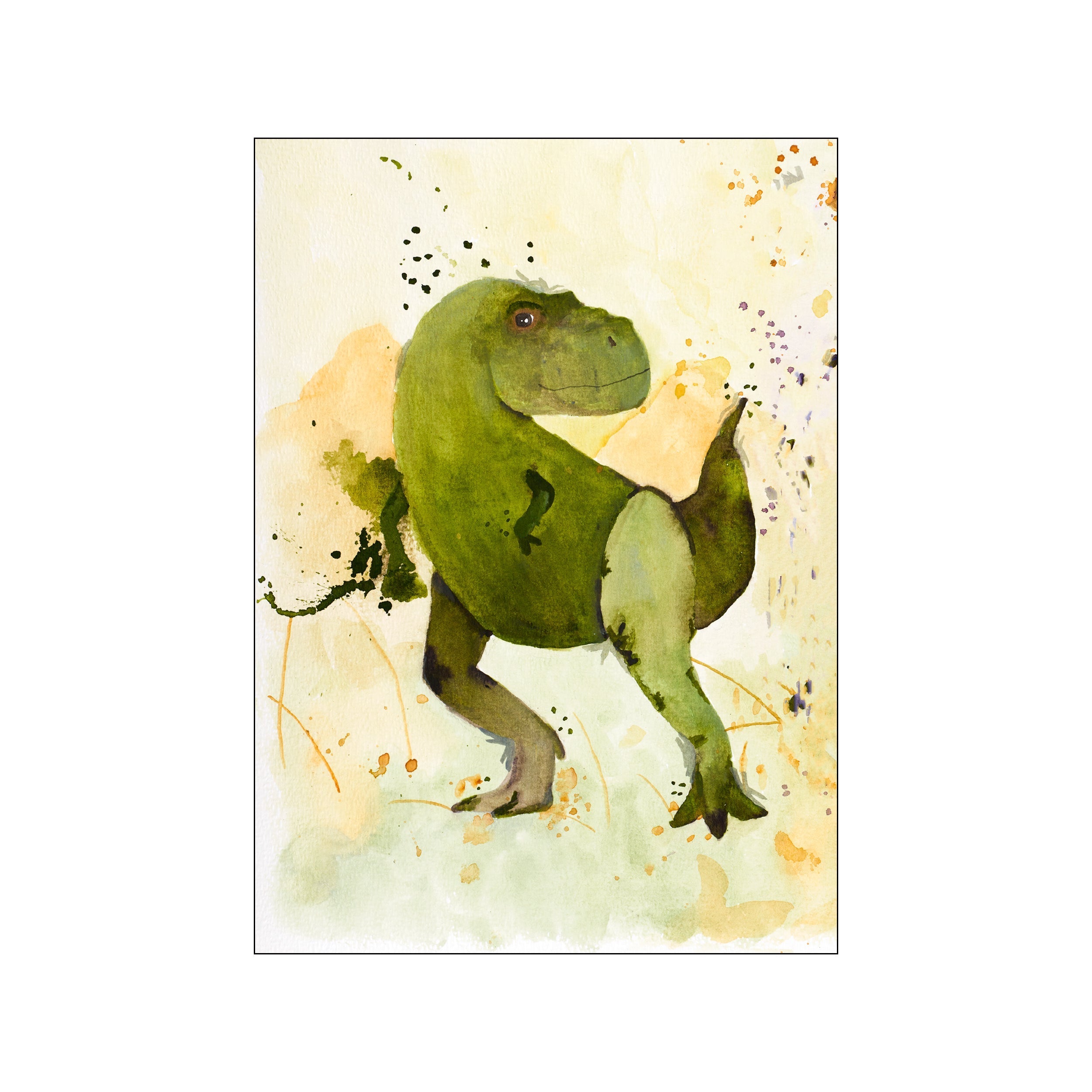 A friendly green Tyrannosaurus Rex rendered in a loose watercolor style against a textured background of yellows, greens, and ochre splatters, evoking a sense of gentle playfulness and prehistoric wonder.