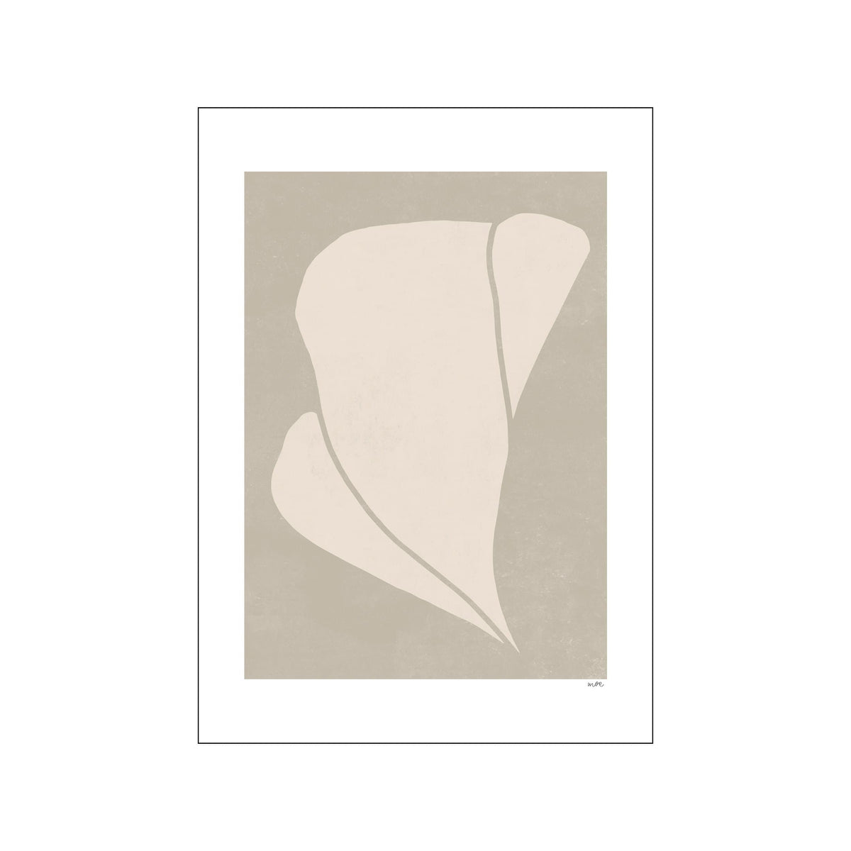 Abstract paper cut composition in ivory on a muted sand gray background, framed with white mat