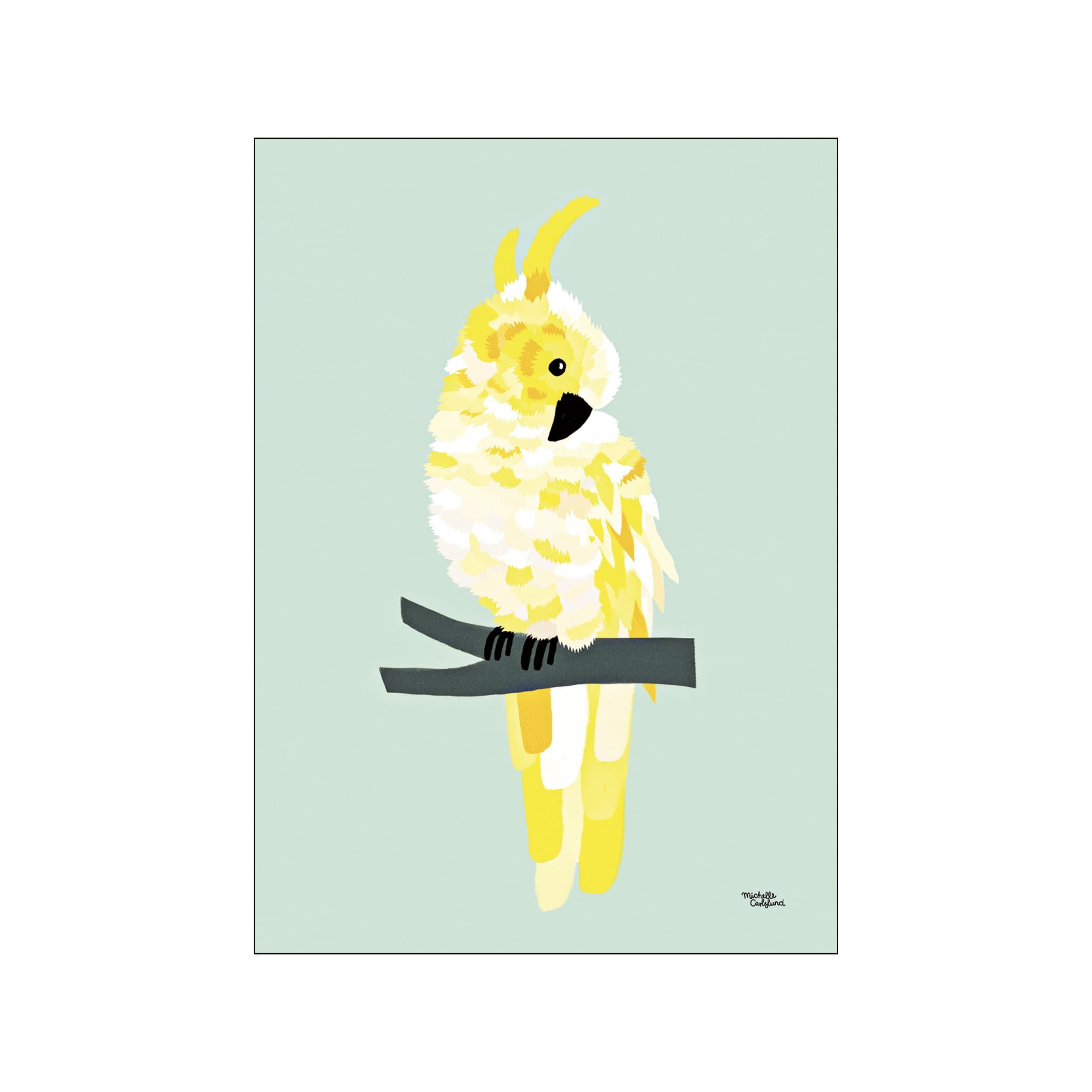 A fluffy yellow cockatoo with bright eyes perches on a dark branch against a soft mint green background, rendered in a charming, illustrative style.